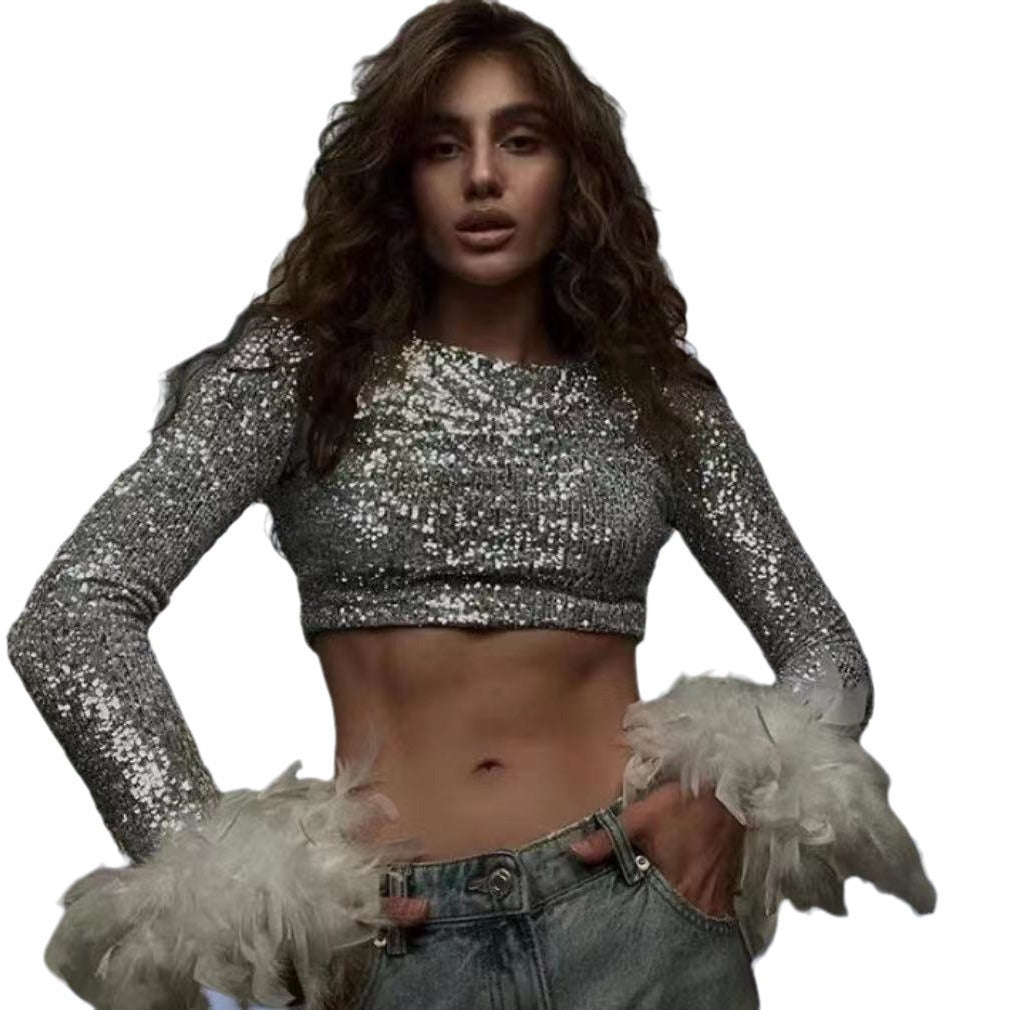 Damen Cropped Oberteil mit funkelndem Paillettenbesatz und fluffigen Ärmelbündchen Heidi-Mode