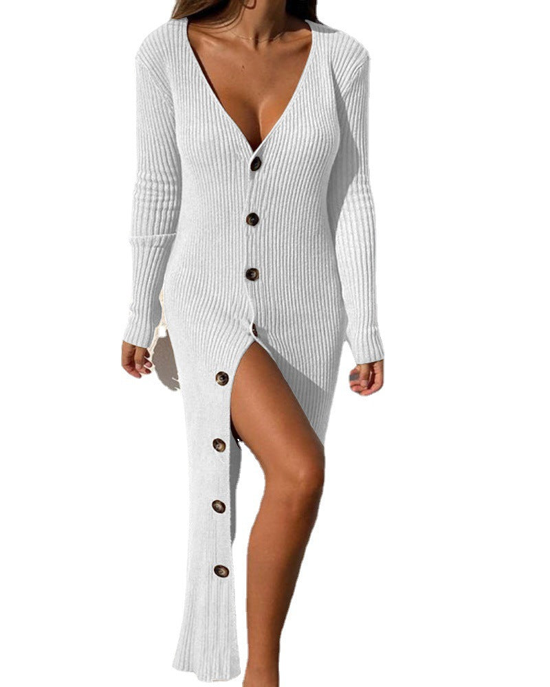 Damen Langer Strickkleid mit tiefem V-Ausschnitt und Knopfdetails Heidi-Mode