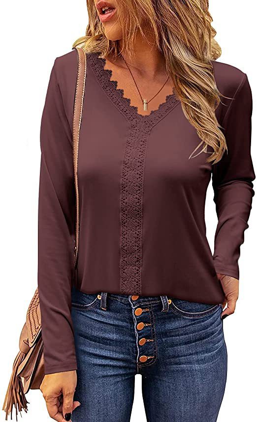 Damen elegantes V-Ausschnitt Longsleeve-Shirt mit Spitzenbesatz Heidi-Mode