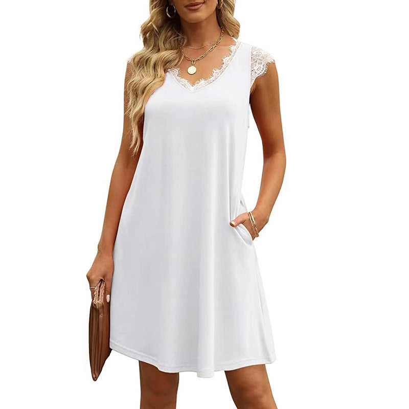 Damen ärmelloses Kleid mit Spitzendetail und seitlichen Taschen Heidi-Mode