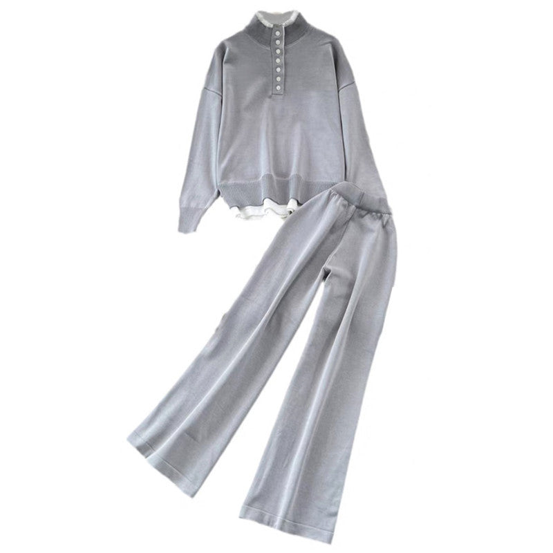Damen Loungewear-Set mit hoher Rippstruktur und Knopfdetaillierung Heidi-Mode