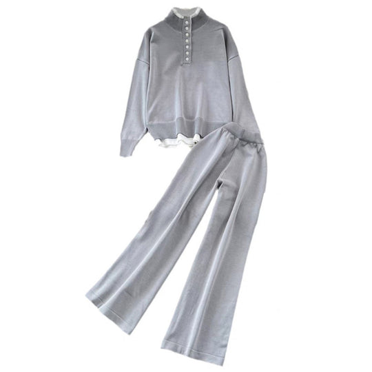 Damen Loungewear-Set mit hoher Rippstruktur und Knopfdetaillierung Heidi-Mode