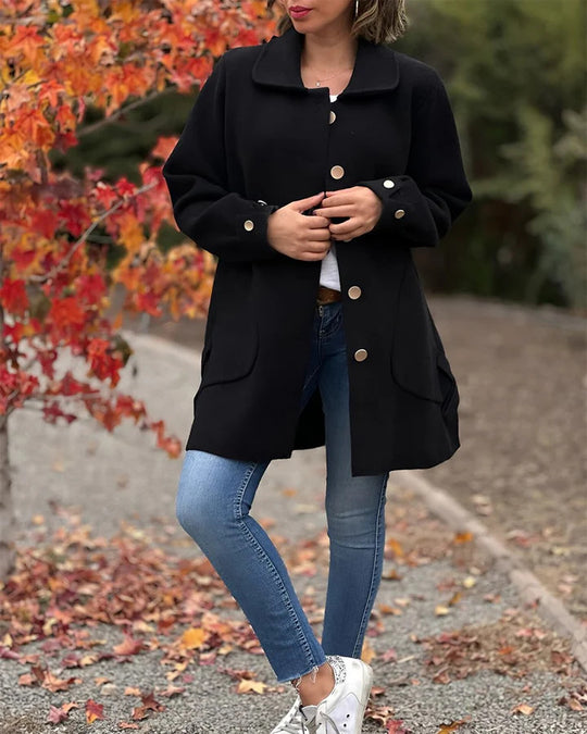 Damen Oversized Wollmantel mit dekorativen Knöpfen und großen Taschen Heidi-Mode