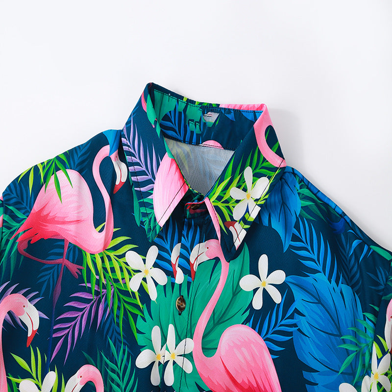 Herren Kurzarmhemd mit lebendigem Flamingo-Muster und atmungsaktiver Baumwolle Heidi-Mode
