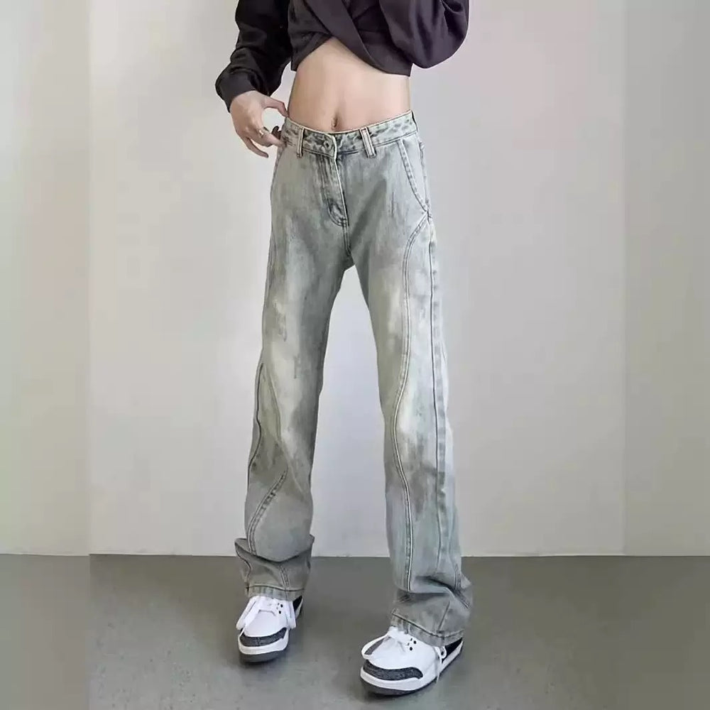 Damen weite High-Waist Denim-Jeans mit distressed Optik und bequemen Seitentaschen Heidi-Mode