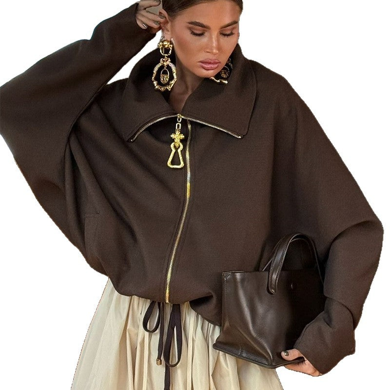 Damen Lässige Oversize-Jacke mit hohem Kragen und Reißverschluss Heidi-Mode