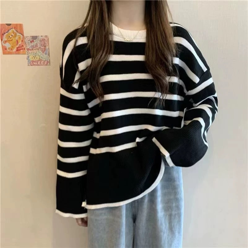 Damen gemütlicher Strickpullover mit Streifen Heidi-Mode