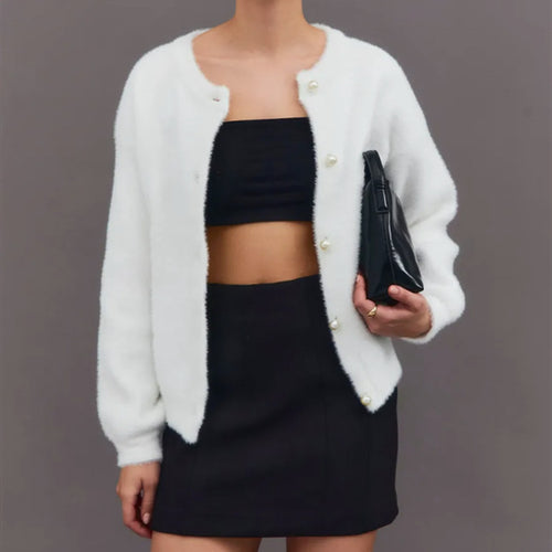 Damen Flauscher Cardigan mit dekorativen Perlenknöpfen Heidi-Mode