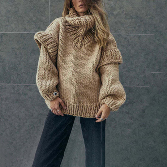 Damen Lockerer Strickpullover mit voluminösen Ärmeln und hohem Kragen Heidi-Mode