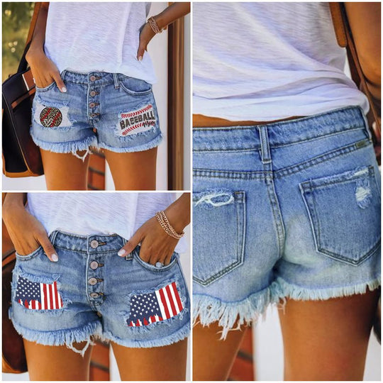 Damen Jeansshorts im Coolen USA-Design mit ausgefranstem Saum Heidi-Mode