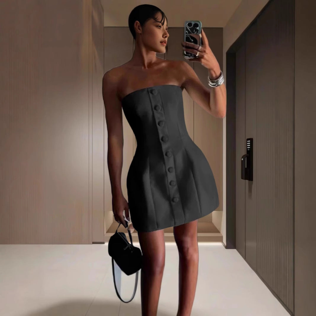 Damen Bustier Minikleid mit Knopfleiste und strukturiertem Oberteil Heidi-Mode