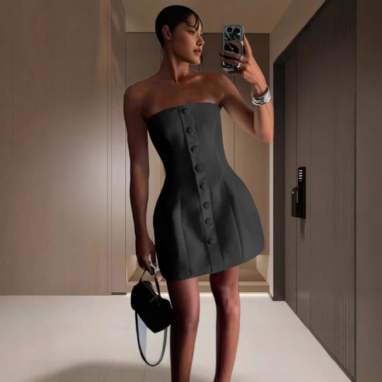 Damen Bustier Minikleid mit Knopfleiste und strukturiertem Oberteil Heidi-Mode