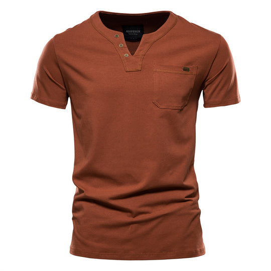 Herren V-Ausschnitt T-Shirt mit Druckknöpfen und Brusttasche Heidi-Mode