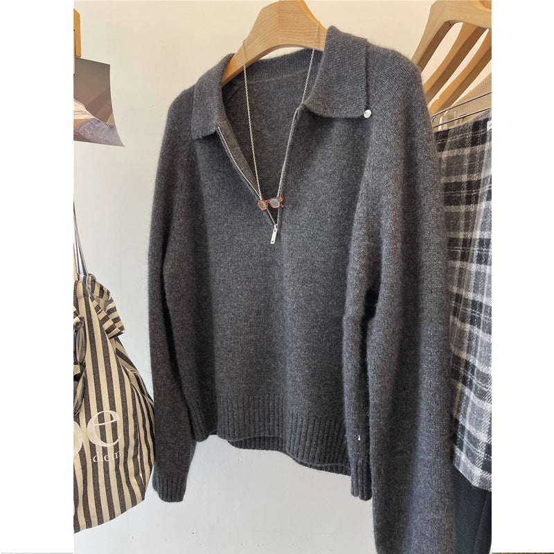 Damen Kuscheliger Pullover mit Stehkragen und kurzem Reißverschluss Heidi-Mode