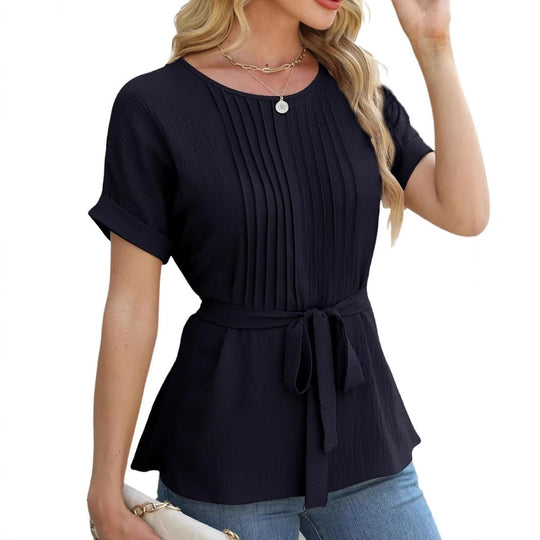Damen modisches Blusenshirt mit eleganten Plisseedetails und Taillengürtel Heidi-Mode