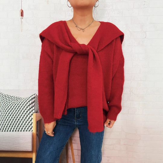 Damen lässiger Strickpullover mit abnehmbarer Kapuze und Knopfdetails Heidi-Mode