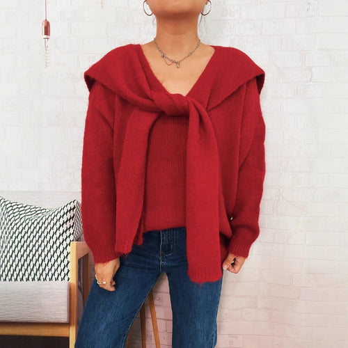 Damen lässiger Strickpullover mit abnehmbarer Kapuze und Knopfdetails Heidi-Mode