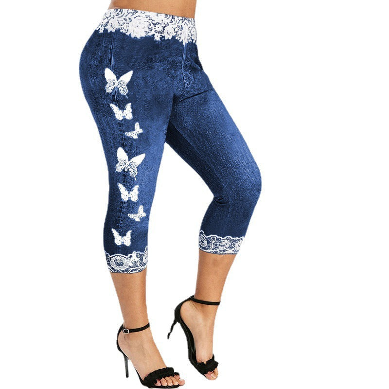 Damen Leggings im Jeans-Look mit einzigartigem Schmetterlingsdesign Heidi-Mode