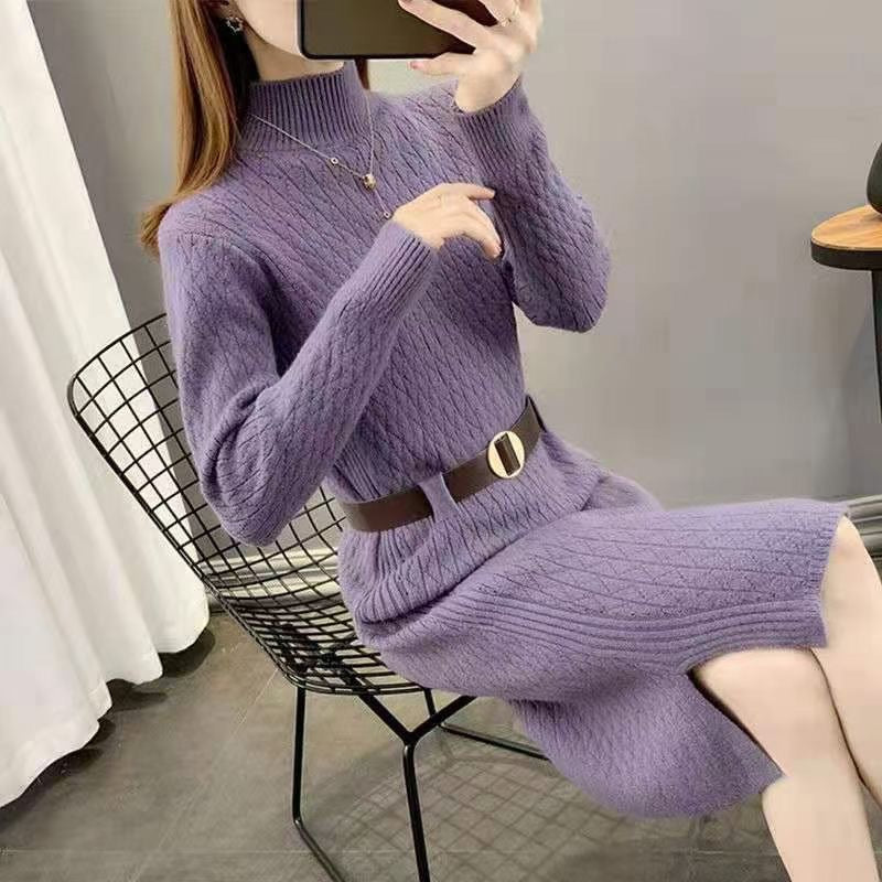 Damen Strickkleid mit hohen Kragen und Taillengürtel Heidi-Mode