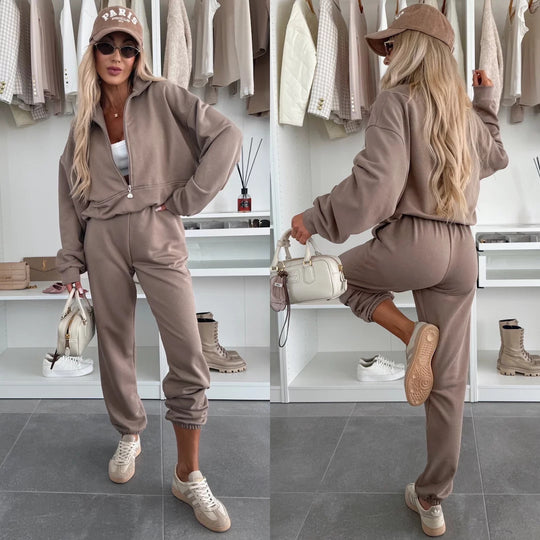 Damen Sportlicher Hoodie mit halbem Reißverschluss und bequemen Jogginghosen Heidi-Mode