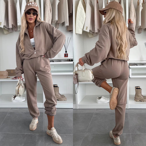 Damen Sportlicher Hoodie mit halbem Reißverschluss und bequemen Jogginghosen Heidi-Mode