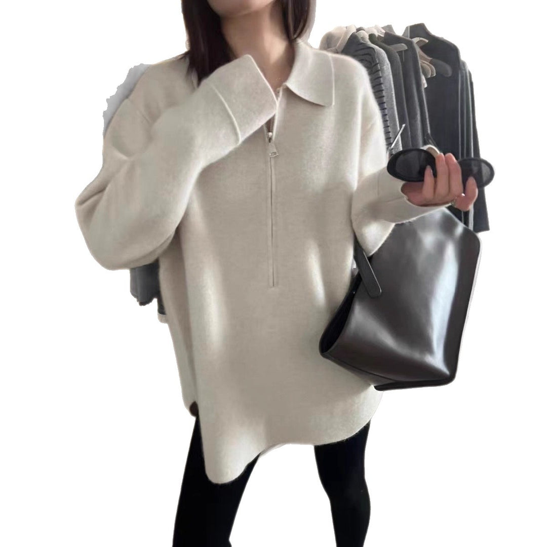 Damen Modischer Pullover mit Reißverschluss und Kragen Heidi-Mode