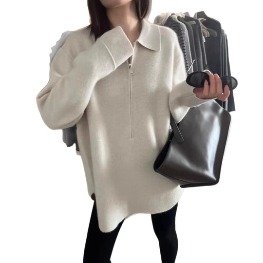 Damen Modischer Pullover mit Reißverschluss und Kragen Heidi-Mode