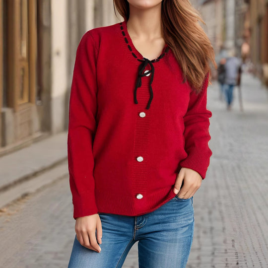 Damen modischer Strickpullover mit verspieltem Bindeband und dekorativen Knöpfen Heidi-Mode