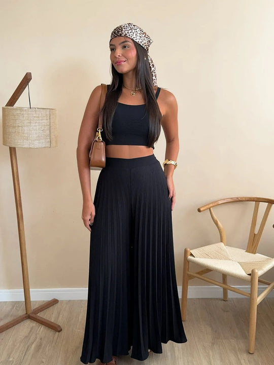 Damen Plissierte weite Hose mit Bindegürtel Heidi-Mode