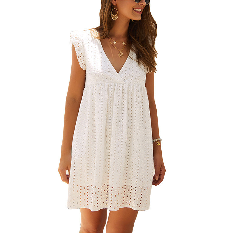 Heidi-Mode | Leichte Babydoll-Ärmel V-Ausschnitt Sommer Mini Kleid