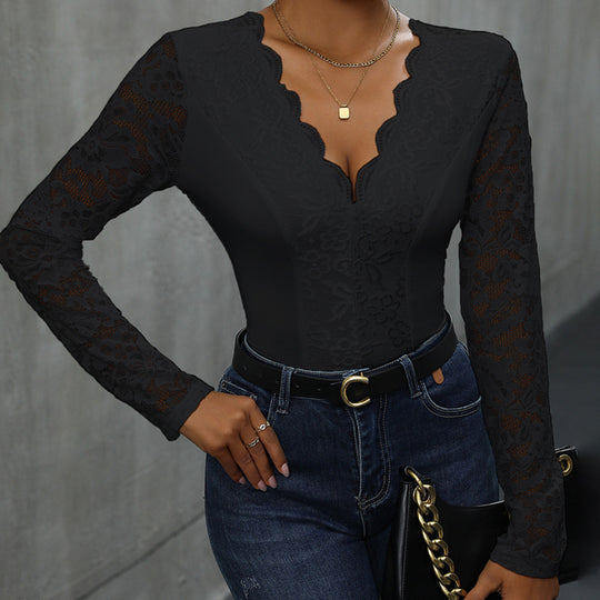 Damen Spitze Bodysuit mit V-Ausschnitt und langen Ärmeln Heidi-Mode