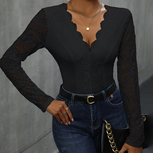Damen Spitze Bodysuit mit V-Ausschnitt und langen Ärmeln Heidi-Mode