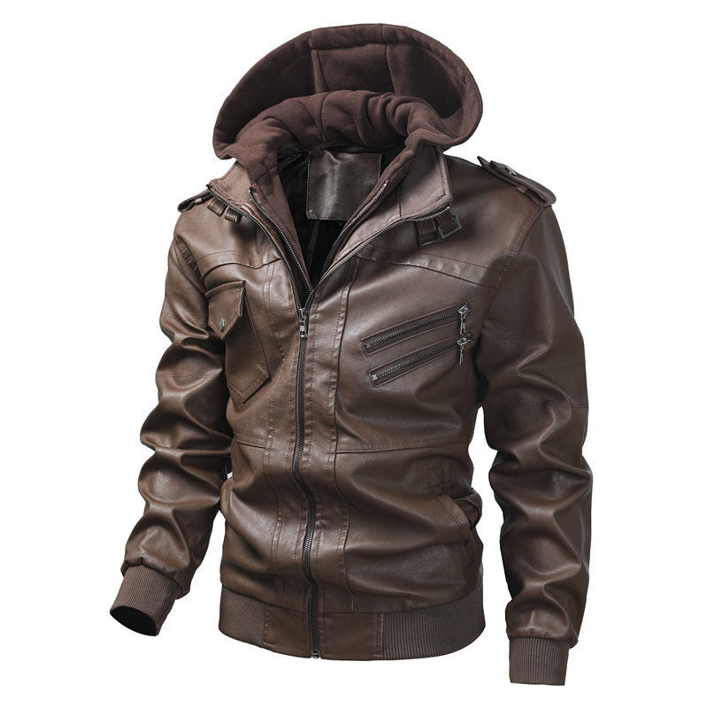 Herren Kunstlederjacke mit abnehmbarer Kapuze und Multifunktions-Taschen Heidi-Mode