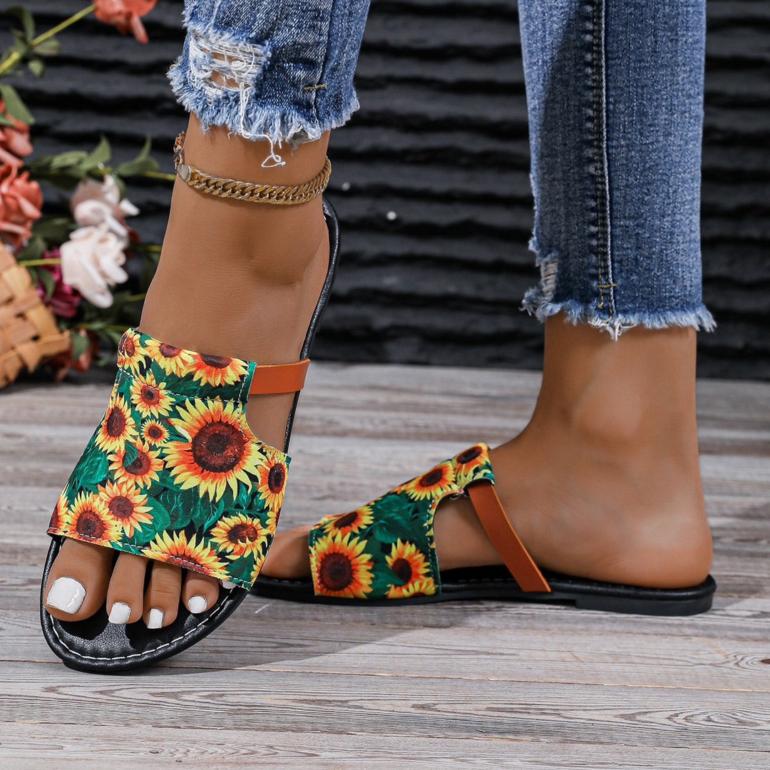Damen Pantoletten mit floralem Sonnenblumen-Design und bequemem Fußbett Heidi-Mode