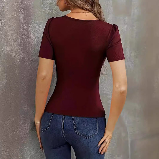 Damen Figurbetontes V-Ausschnitt T-Shirt mit Puffärmeln Heidi-Mode