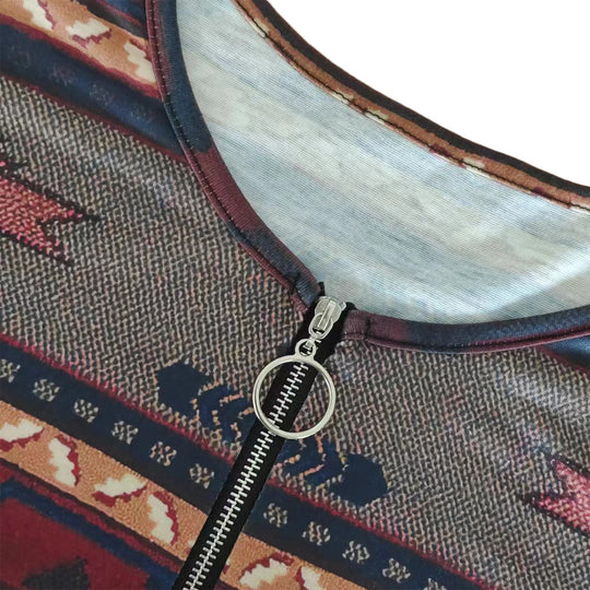 Damen modisches Kurzarm-Oberteil mit dekorativem Zipper und tribalisiertem Design Heidi-Mode