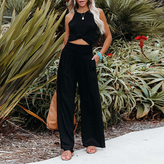 Damen Weit geschnittene Sommerhose mit elastischem Bund und eleganten Falten Heidi-Mode