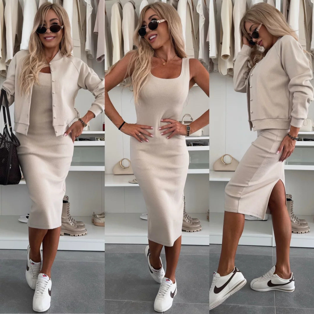 Damen elegantes Set aus figurbetontem Kleid und lässiger Jacke mit Druckknopf Heidi-Mode