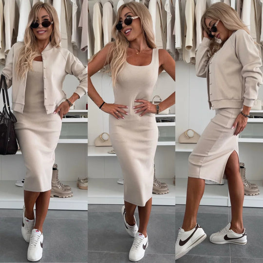 Damen elegantes Set aus figurbetontem Kleid und lässiger Jacke mit Druckknopf Heidi-Mode