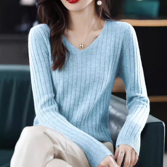 Damen Feinstrickpullover mit V-Ausschnitt und Rippstruktur Heidi-Mode