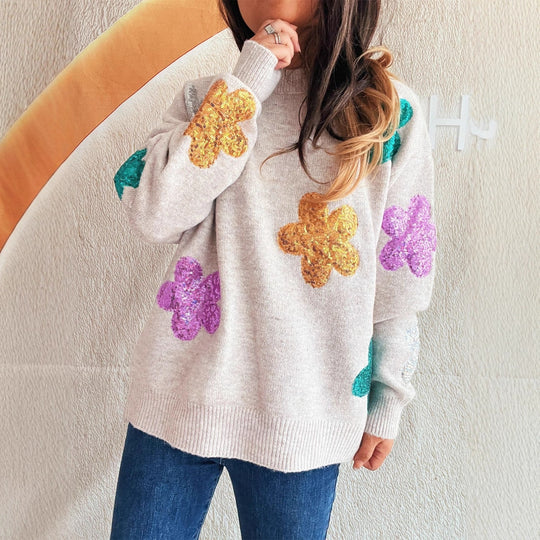 Damen Strickpullover mit bunten Funkelblumen Heidi-Mode