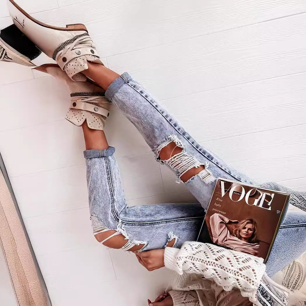 Damen Boyfriend-Jeans mit Destroyed-Details und hohem Komfortbund Heidi-Mode