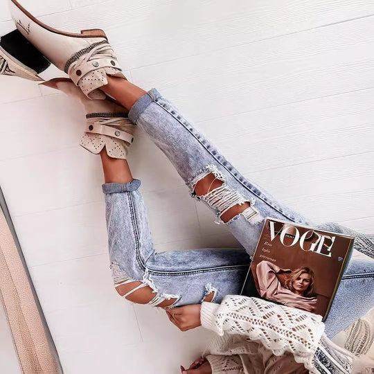 Damen Boyfriend-Jeans mit Destroyed-Details und hohem Komfortbund Heidi-Mode