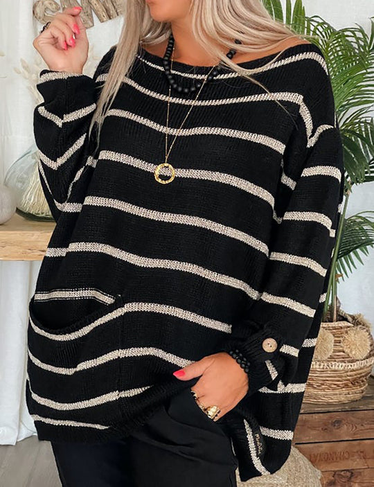 Damen lässiger Strickpullover mit elegantem Streifenmuster und praktischer Brusttasche Heidi-Mode