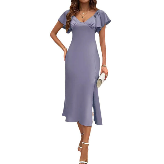 Damen Maxikleid mit eleganten Puffärmeln und seitlichem Schlitz Heidi-Mode