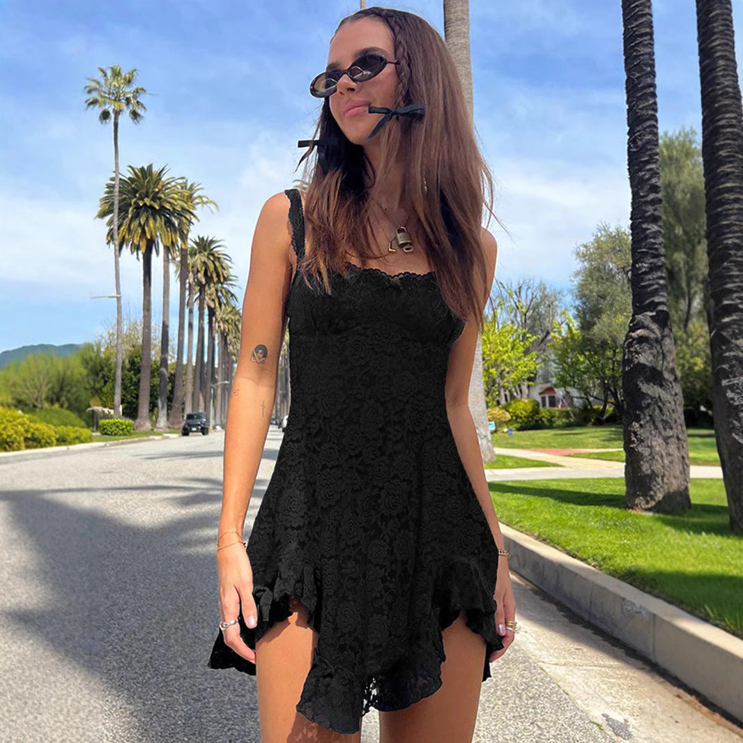 Damen Spitzenkleid mit asymmetrischem Saum und feinen Rüschendetails Heidi-Mode