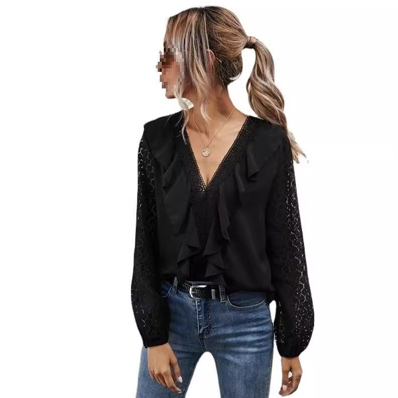 Damen Rüschenbluse mit transparenten Ärmeln und feinen Spitzenakzenten Heidi-Mode