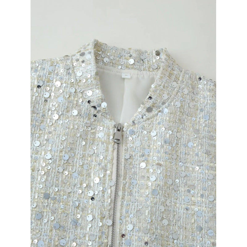 Damen Glitzernde Bomberjacke mit glänzenden Pailletten und Reißverschluss Heidi-Mode