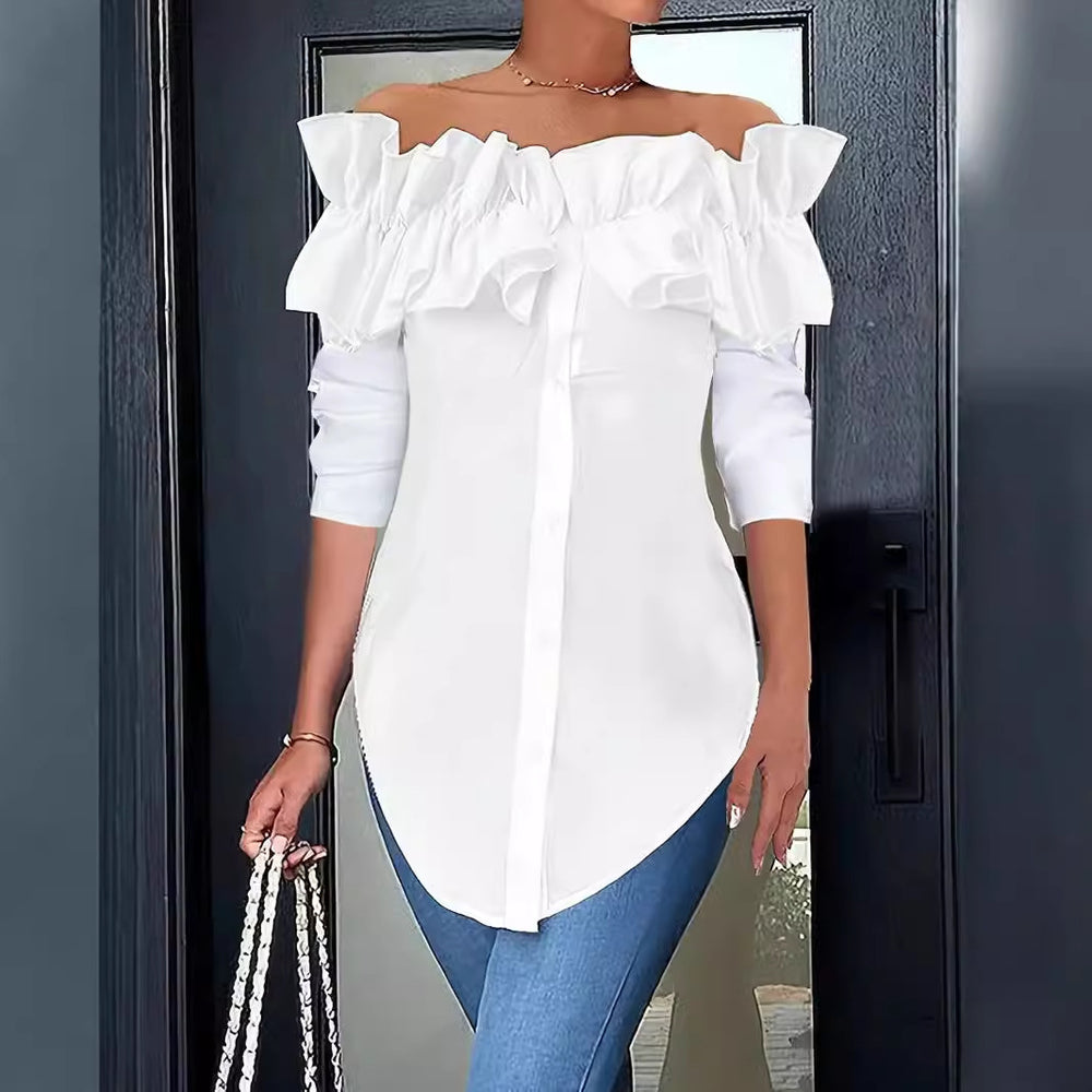 Damen Off-Shoulder Bluse mit Rüschen und Knopfleiste Heidi-Mode