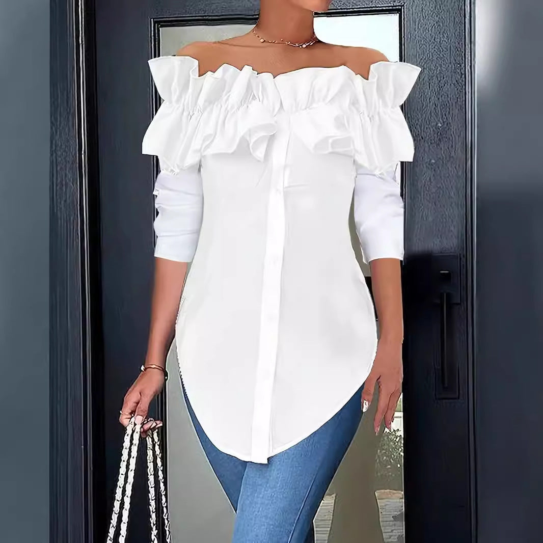 Damen Off-Shoulder Bluse mit Rüschen und Knopfleiste Heidi-Mode